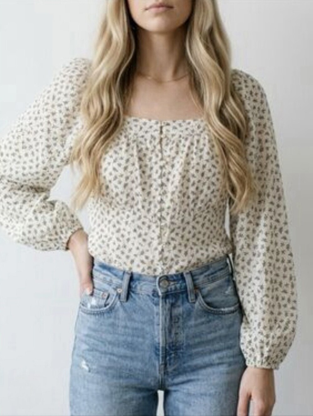 Old Navy Cream Floral Gold Metallic Poet Blouse L Cottagecore Coquette Boho Chic